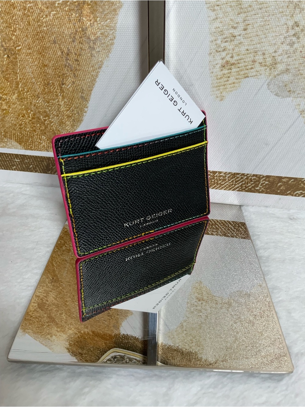 Kurt Geiger Black Card & Key Holder with Pink Edge and Yellow Stitching